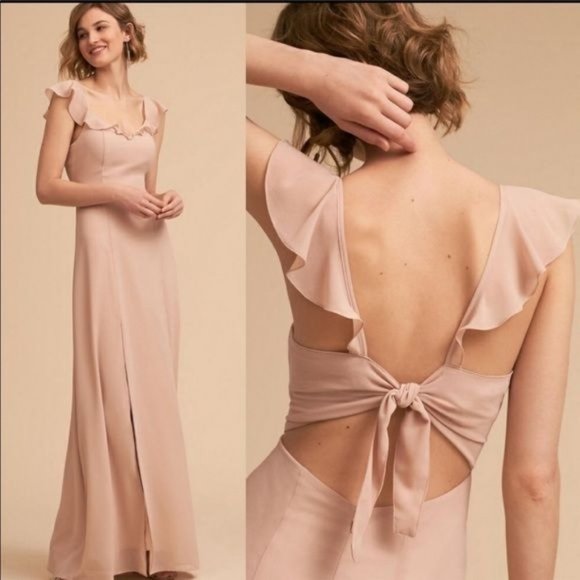 BHLDN DIANA TIE BACK RUFFLE SLIT BLUSH PARTY MAXI DRESS GOWN SIZE MEDIUM - Picture 1 of 11